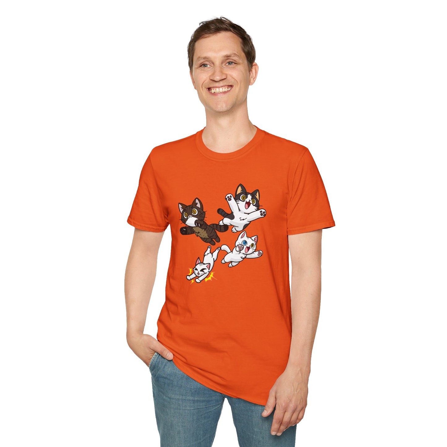 Cat Attack Squadron! | Four Fantastic Flying Felines | Unisex Softstyle T-Shirt