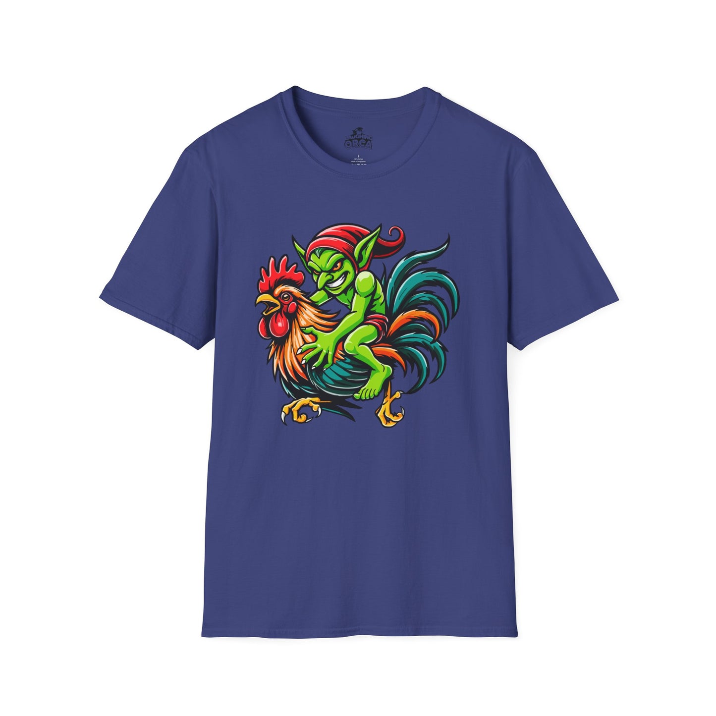 "Goblin Rider" β Mischievous Goblin on Rooster Graphic T-Shirt | Unisex Softstyle