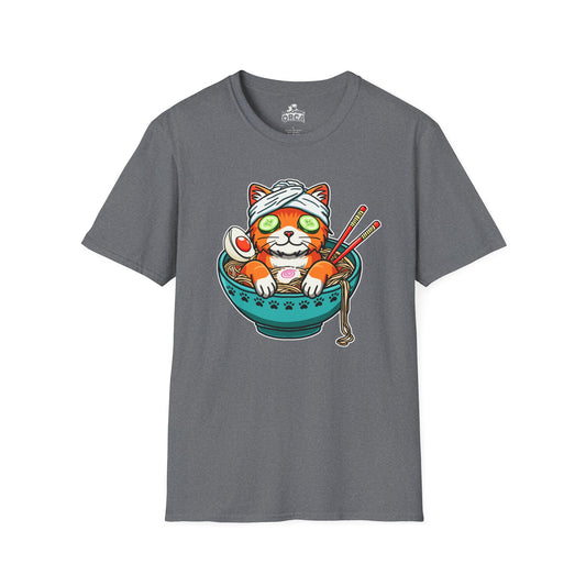 "Ramen Spa Cat" – Relaxing Noodle Bowl Kitty Graphic T-Shirt | Unisex Softstyle