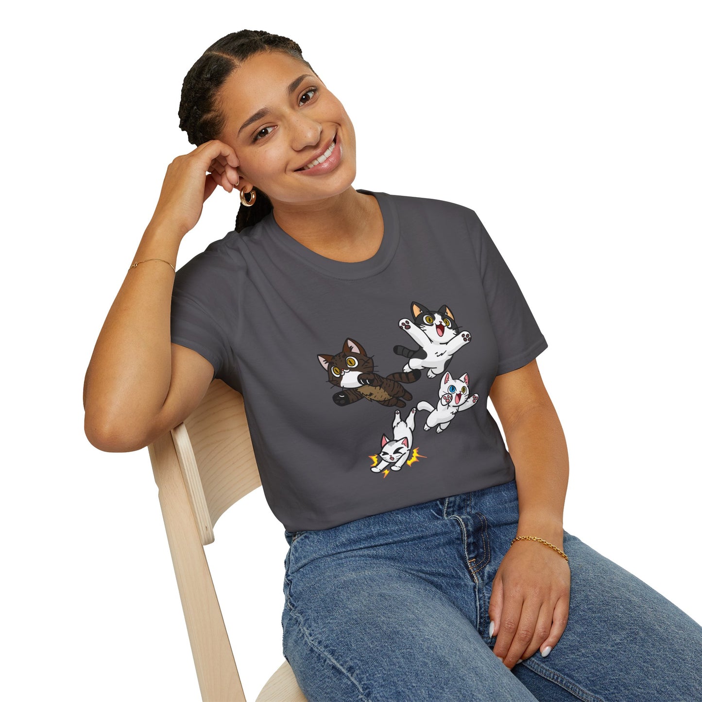 Cat Attack Squadron! | Four Fantastic Flying Felines | Unisex Softstyle T-Shirt