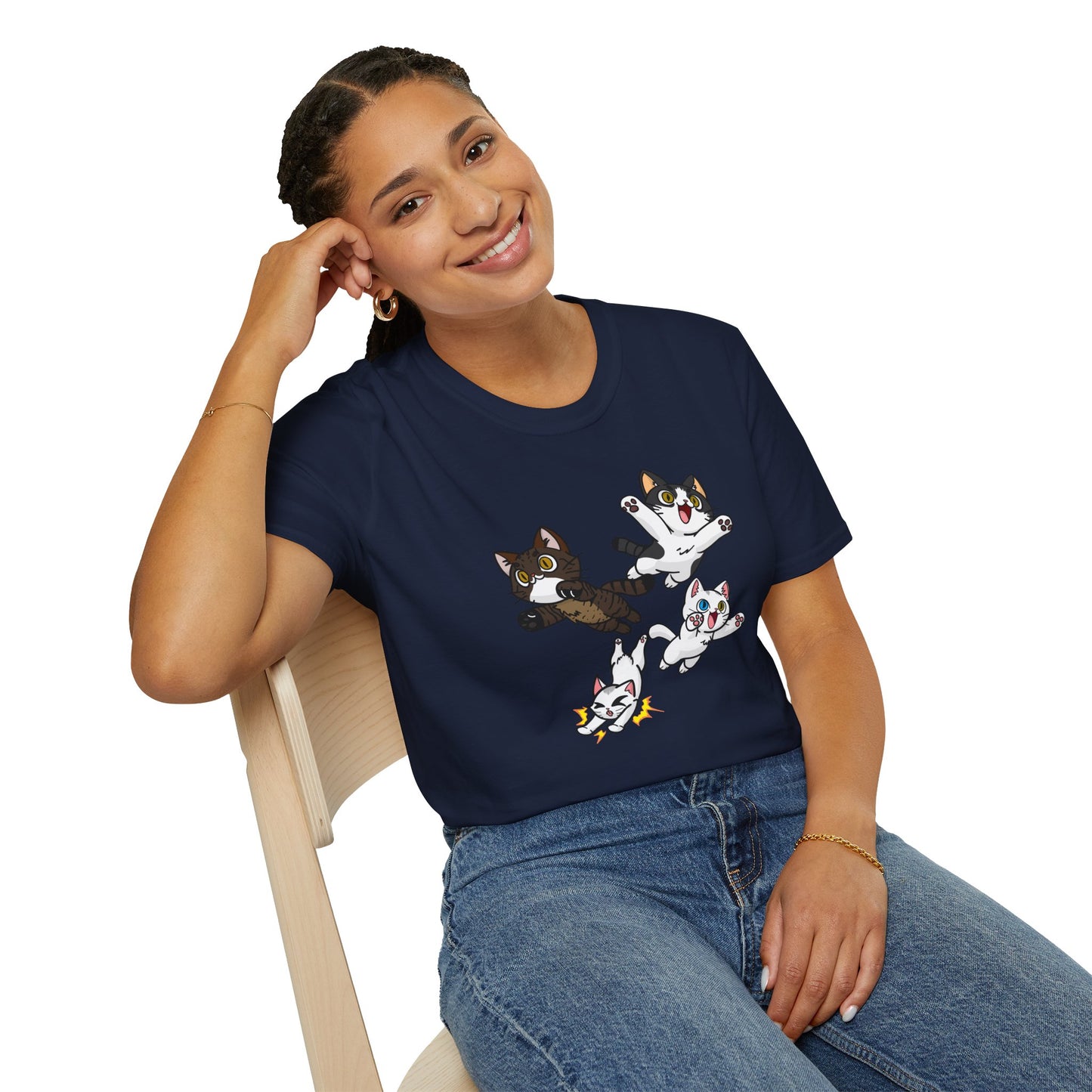 Cat Attack Squadron! | Four Fantastic Flying Felines | Unisex Softstyle T-Shirt