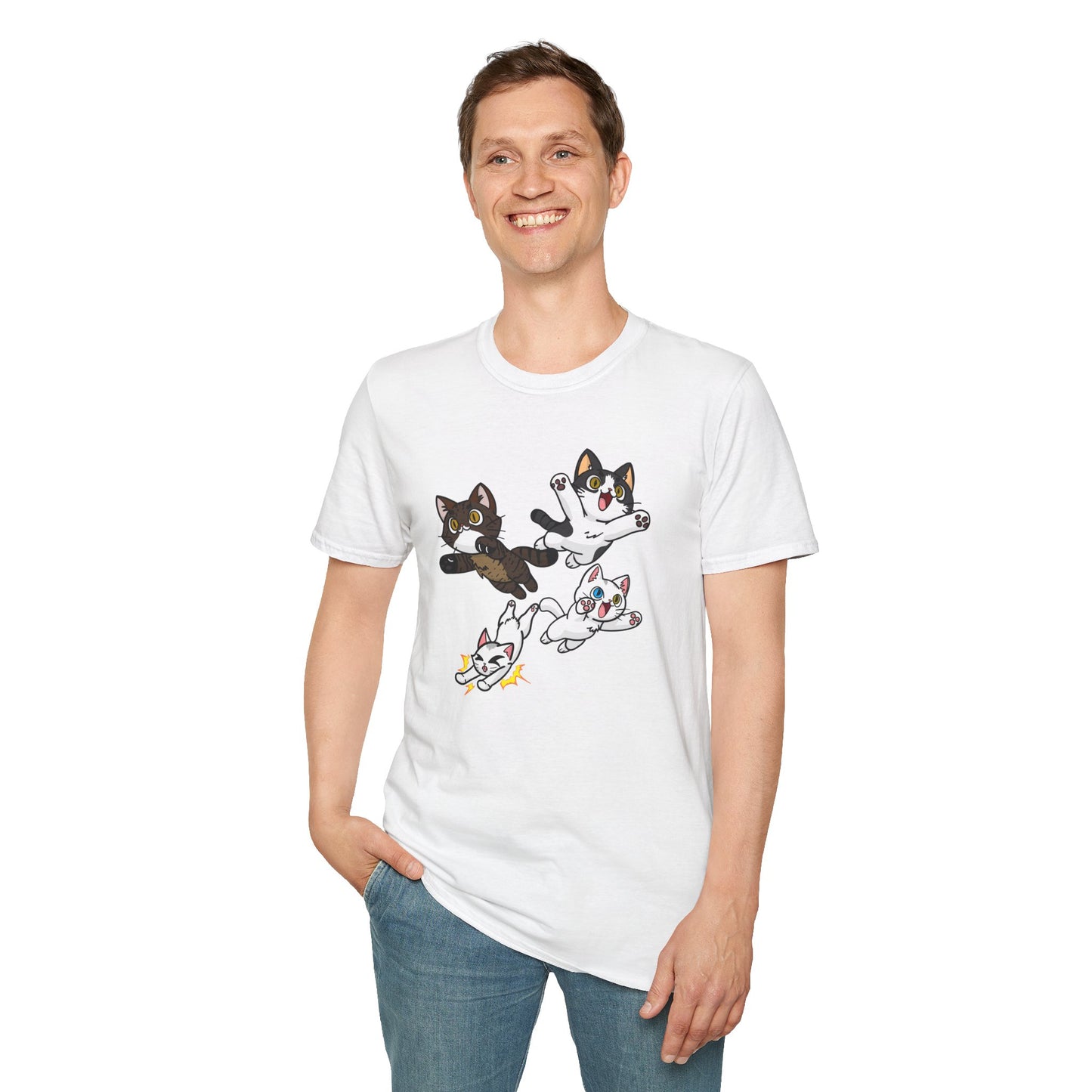 Cat Attack Squadron! | Four Fantastic Flying Felines | Unisex Softstyle T-Shirt