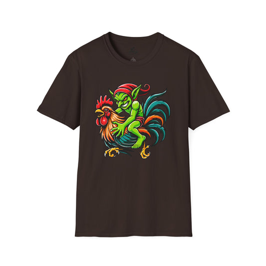 "Goblin Rider" – Mischievous Goblin on Rooster Graphic T-Shirt | Unisex Softstyle