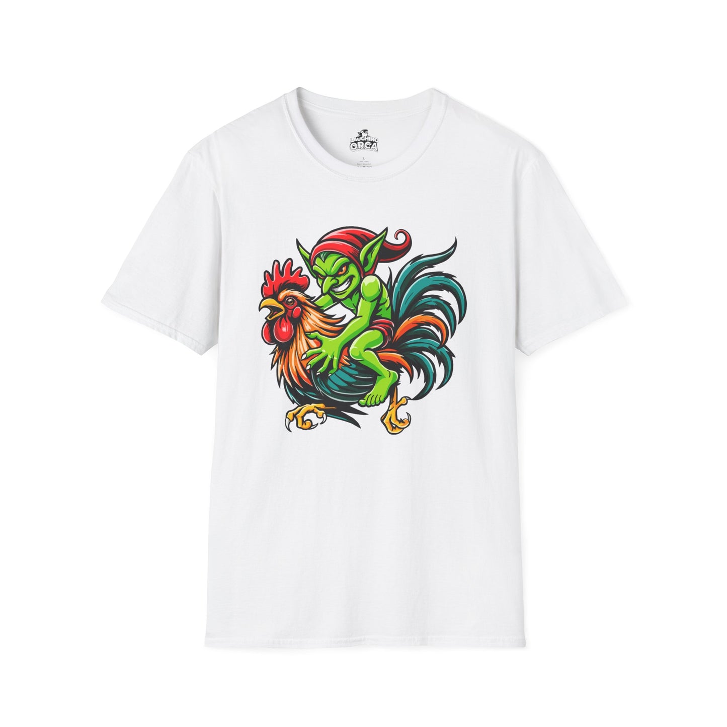 "Goblin Rider" β Mischievous Goblin on Rooster Graphic T-Shirt | Unisex Softstyle