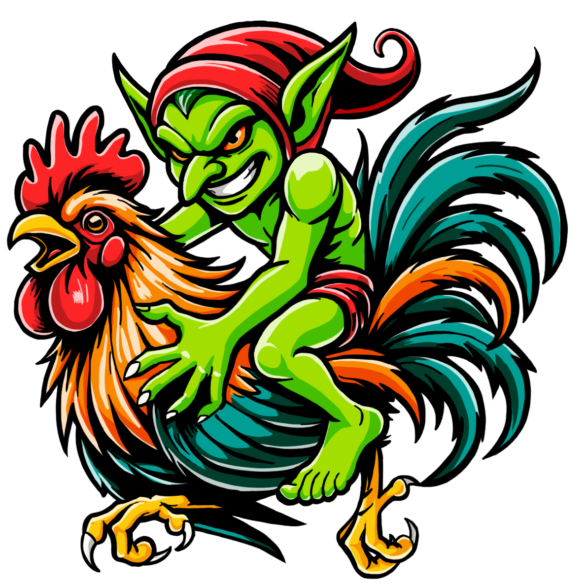 "Goblin Rider" β Mischievous Goblin on Rooster Graphic T-Shirt | Unisex Softstyle