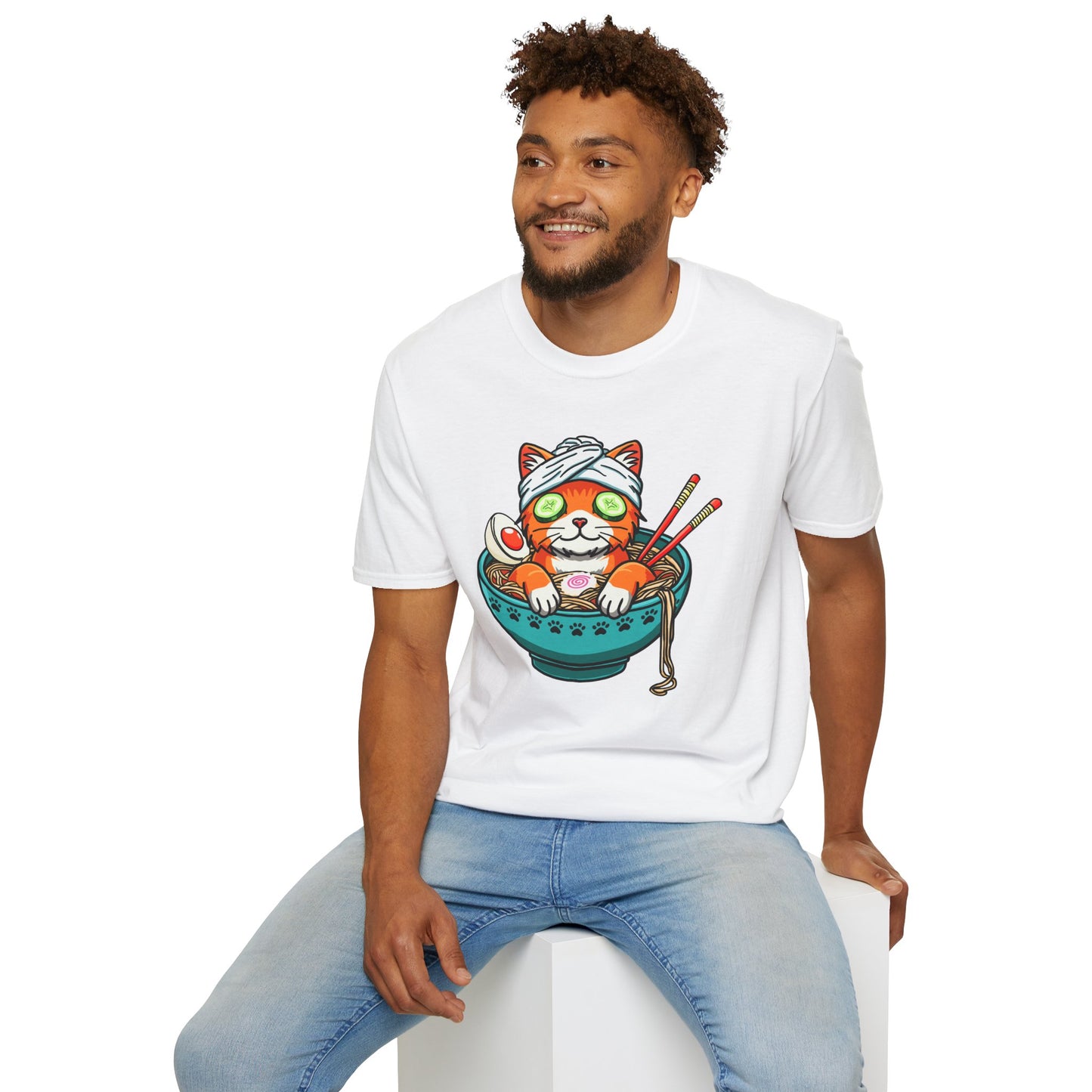 "Ramen Spa Cat" β Relaxing Noodle Bowl Kitty Graphic T-Shirt | Unisex Softstyle