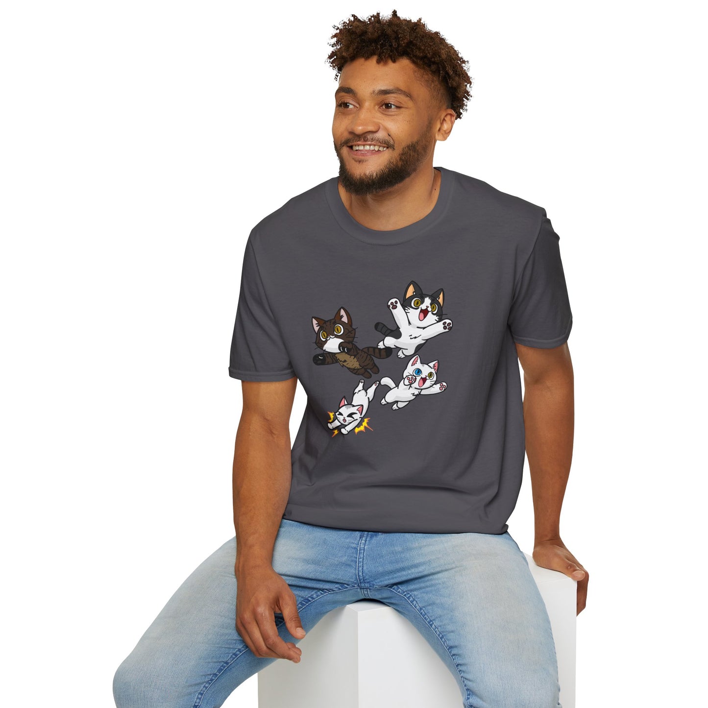 Cat Attack Squadron! | Four Fantastic Flying Felines | Unisex Softstyle T-Shirt