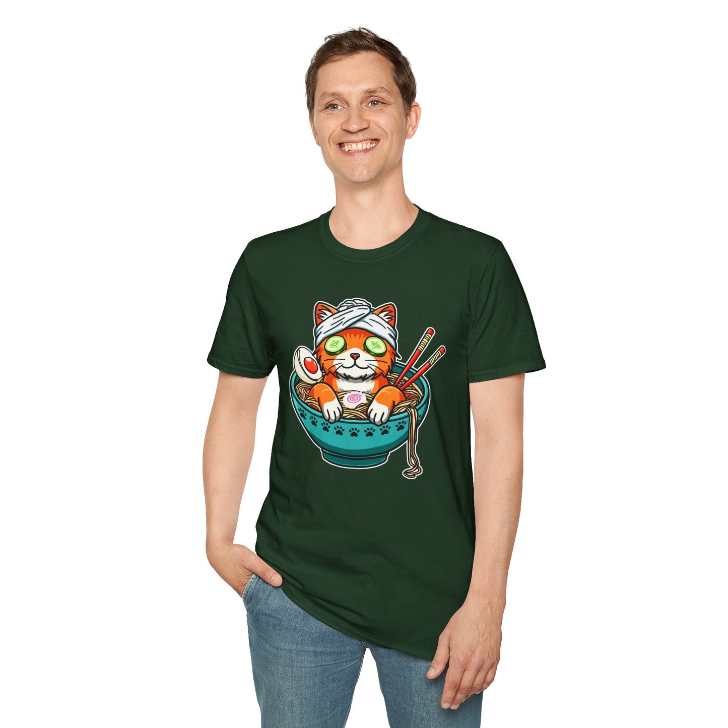 "Ramen Spa Cat" β Relaxing Noodle Bowl Kitty Graphic T-Shirt | Unisex Softstyle