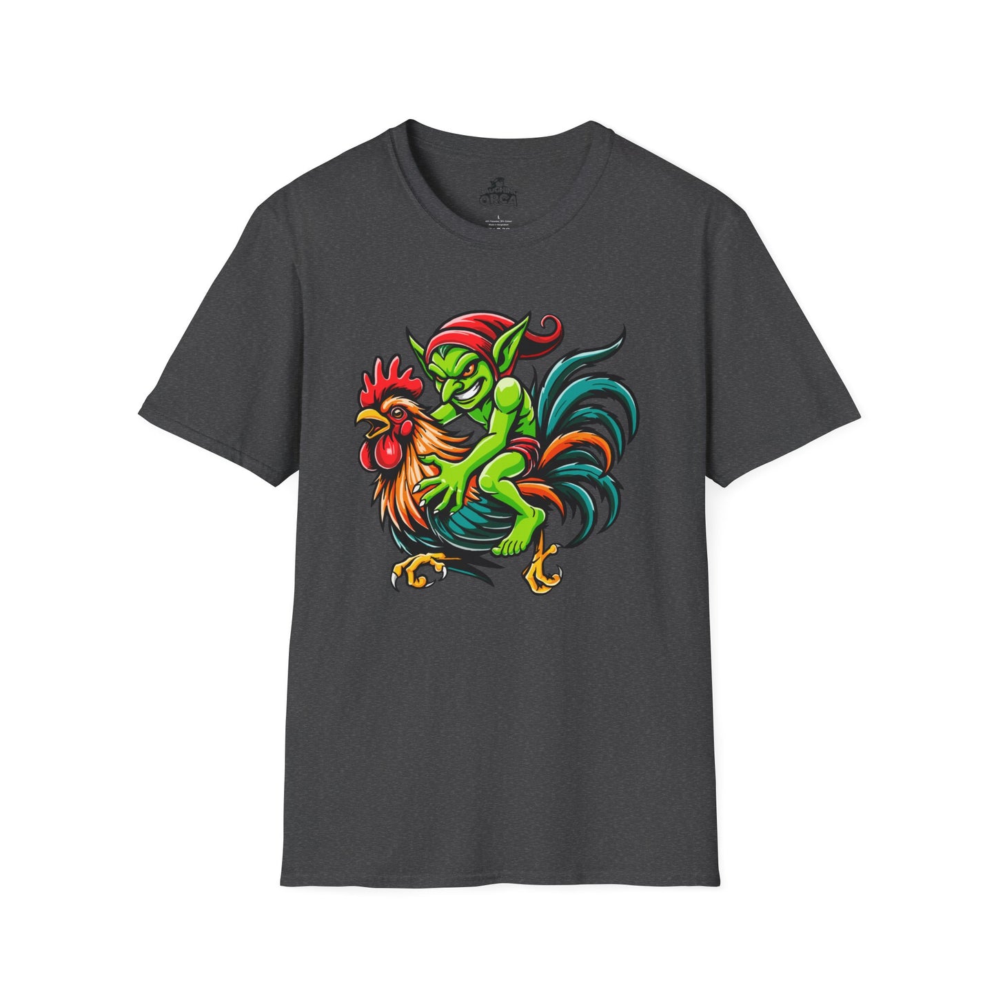 "Goblin Rider" β Mischievous Goblin on Rooster Graphic T-Shirt | Unisex Softstyle