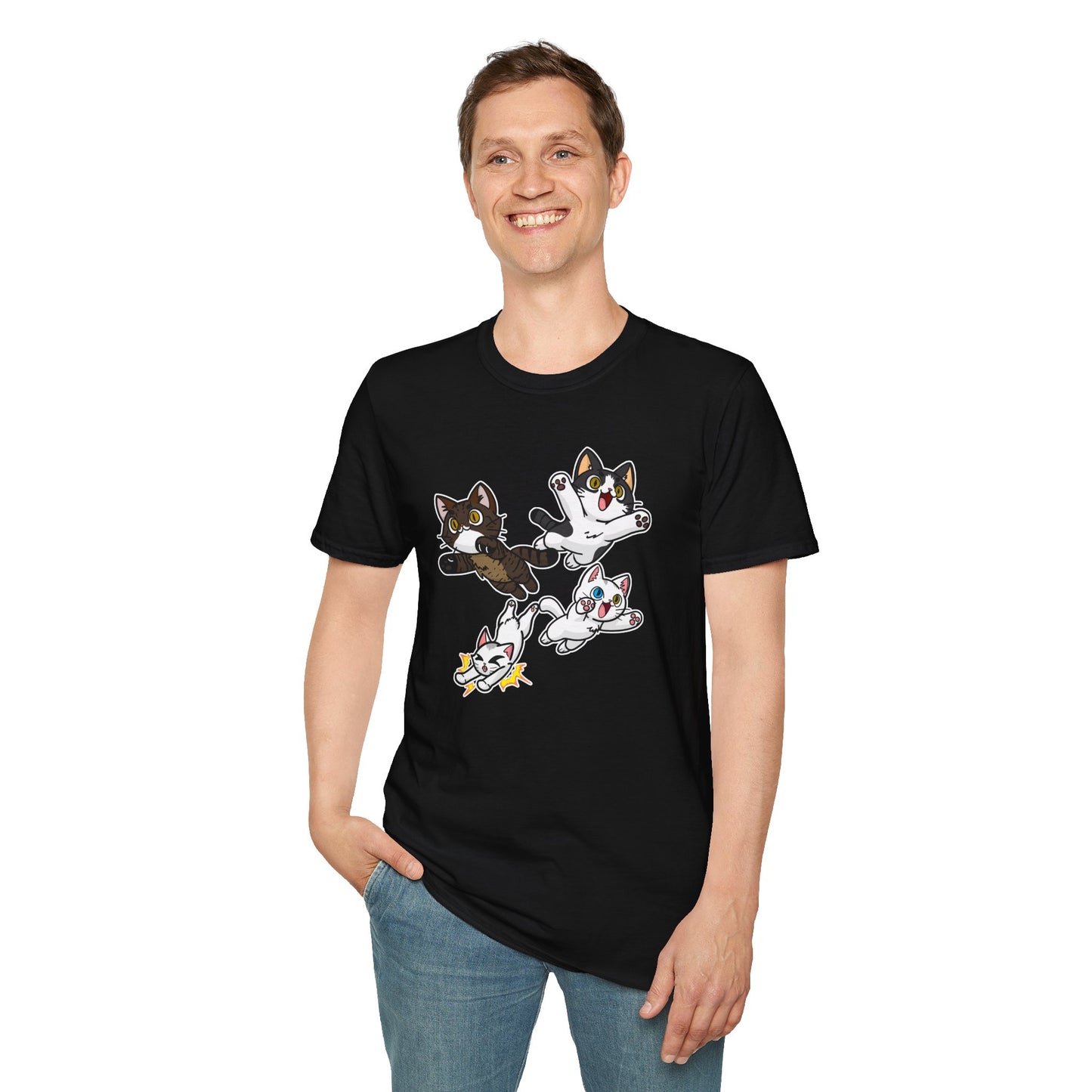 Cat Attack Squadron! | Four Fantastic Flying Felines | Unisex Softstyle T-Shirt