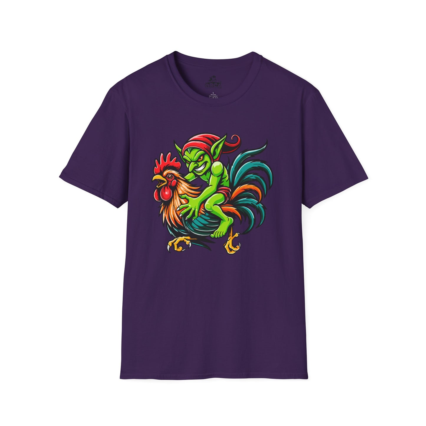 "Goblin Rider" β Mischievous Goblin on Rooster Graphic T-Shirt | Unisex Softstyle
