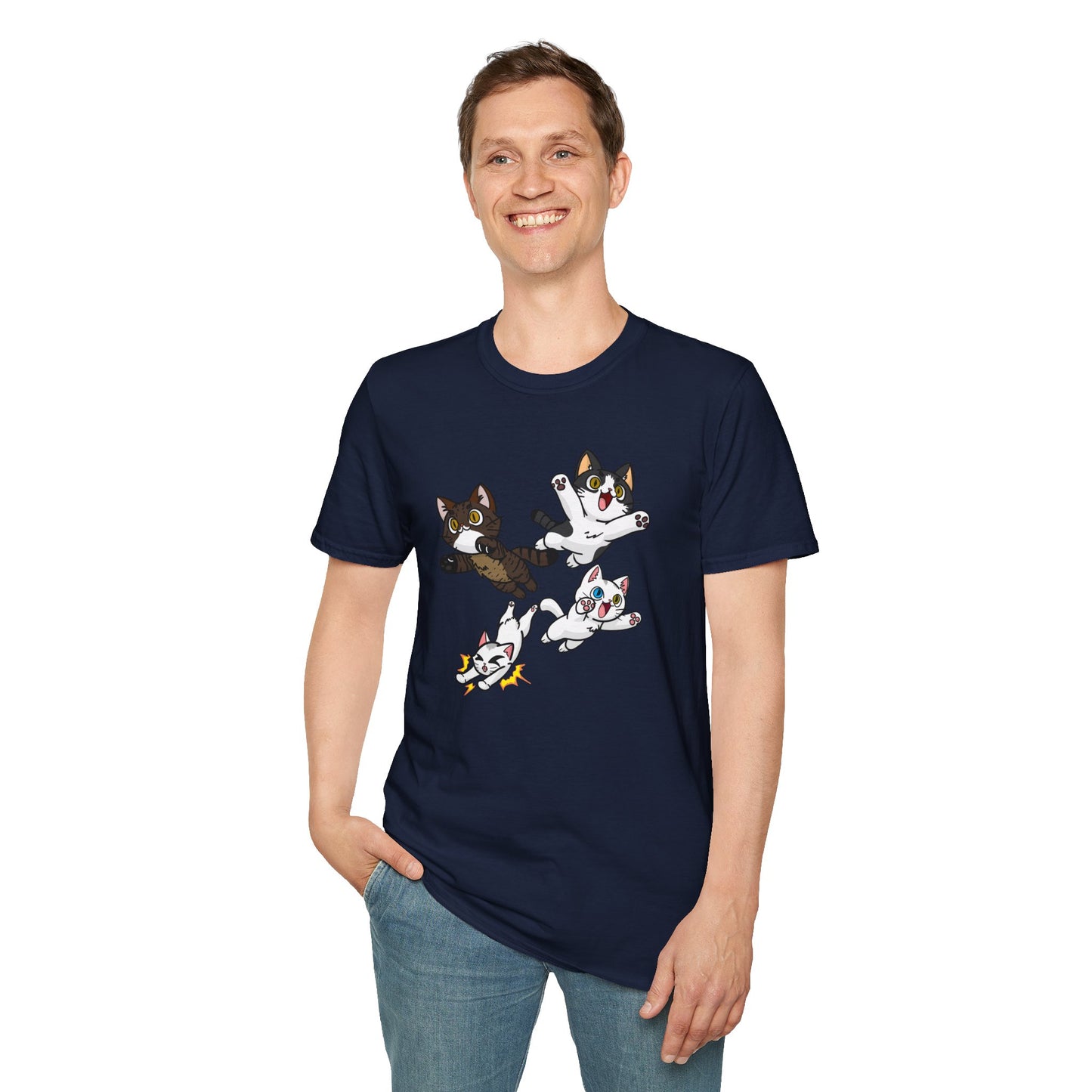 Cat Attack Squadron! | Four Fantastic Flying Felines | Unisex Softstyle T-Shirt