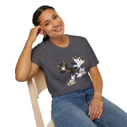 Cat Attack Squadron! | Four Fantastic Flying Felines | Unisex Softstyle T-Shirt