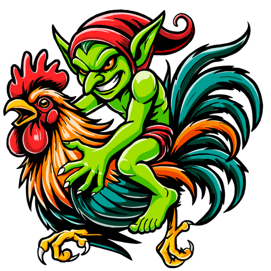 "Goblin Rider" – Mischievous Goblin on Rooster Graphic T-Shirt | Unisex Softstyle
