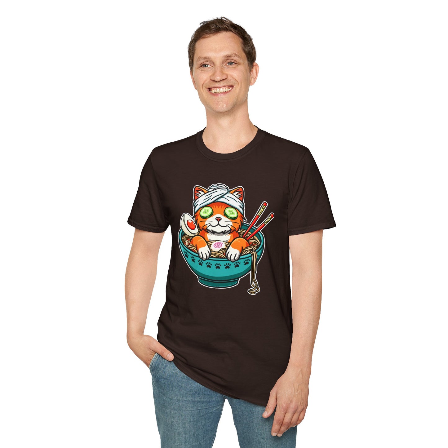 "Ramen Spa Cat" – Relaxing Noodle Bowl Kitty Graphic T-Shirt | Unisex Softstyle