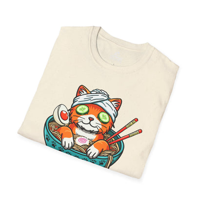 "Ramen Spa Cat" – Relaxing Noodle Bowl Kitty Graphic T-Shirt | Unisex Softstyle