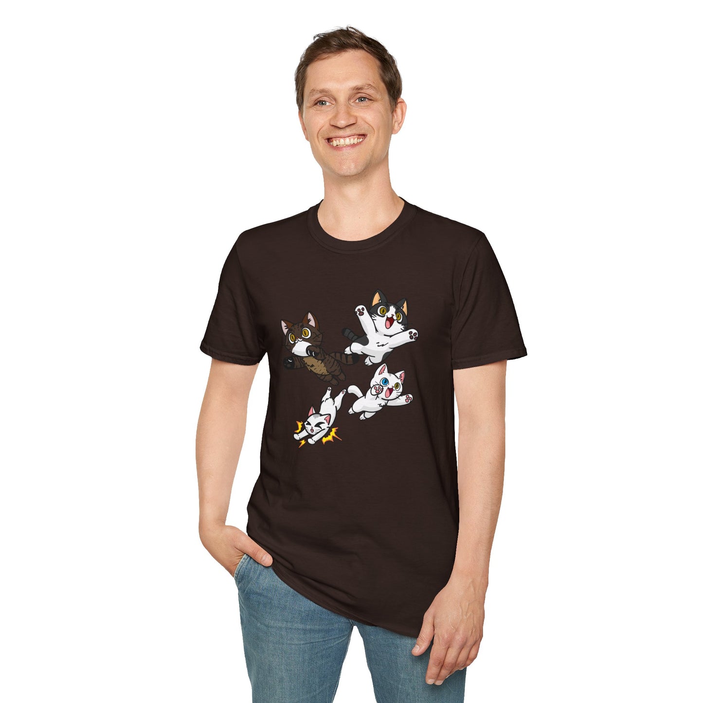 Cat Attack Squadron! | Four Fantastic Flying Felines | Unisex Softstyle T-Shirt