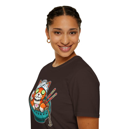 "Ramen Spa Cat" – Relaxing Noodle Bowl Kitty Graphic T-Shirt | Unisex Softstyle